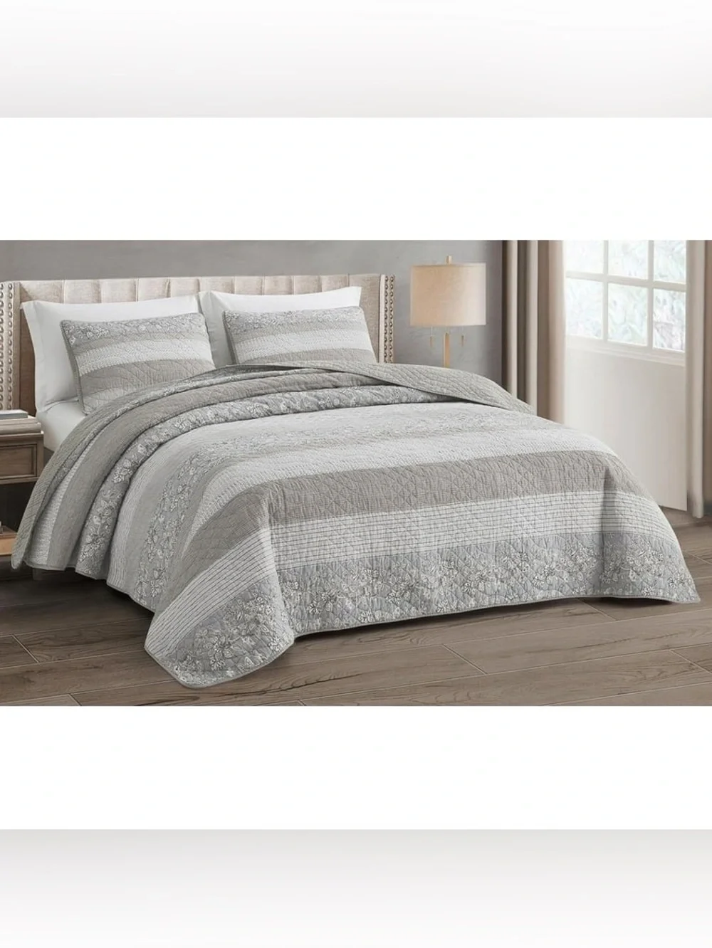 Neutral Stripe king 3 piece Quilted Bedspread Set 100% cotton
